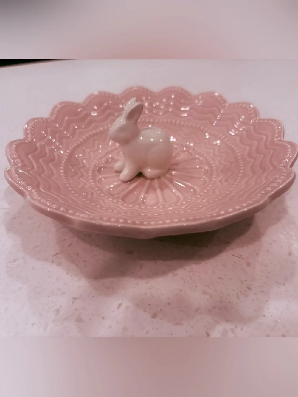 Arlington Designs Pink Scalloped Ceramic Bunny Candy Bowl 7”